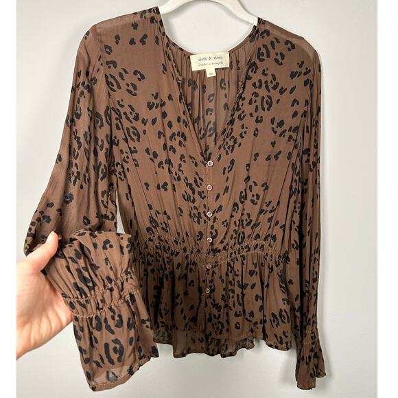 Cloth & Stone Black & Brown Animal Print V-Neck Peplum Blouse Women's XS - Picture 4 of 7